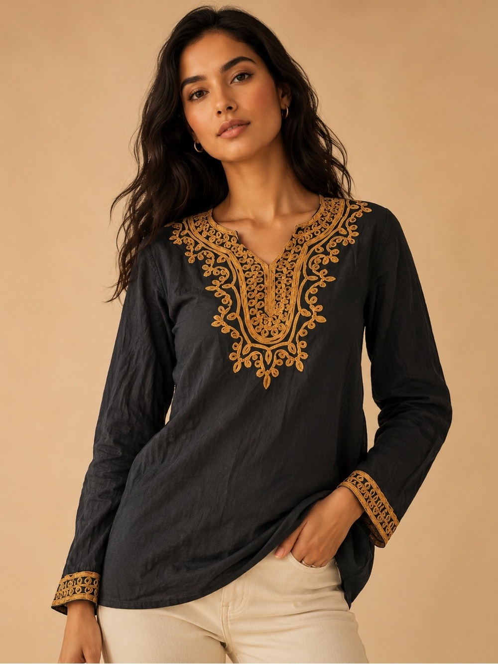 Tulip Navy Embroidered Tunic Top Boho Resort Style S